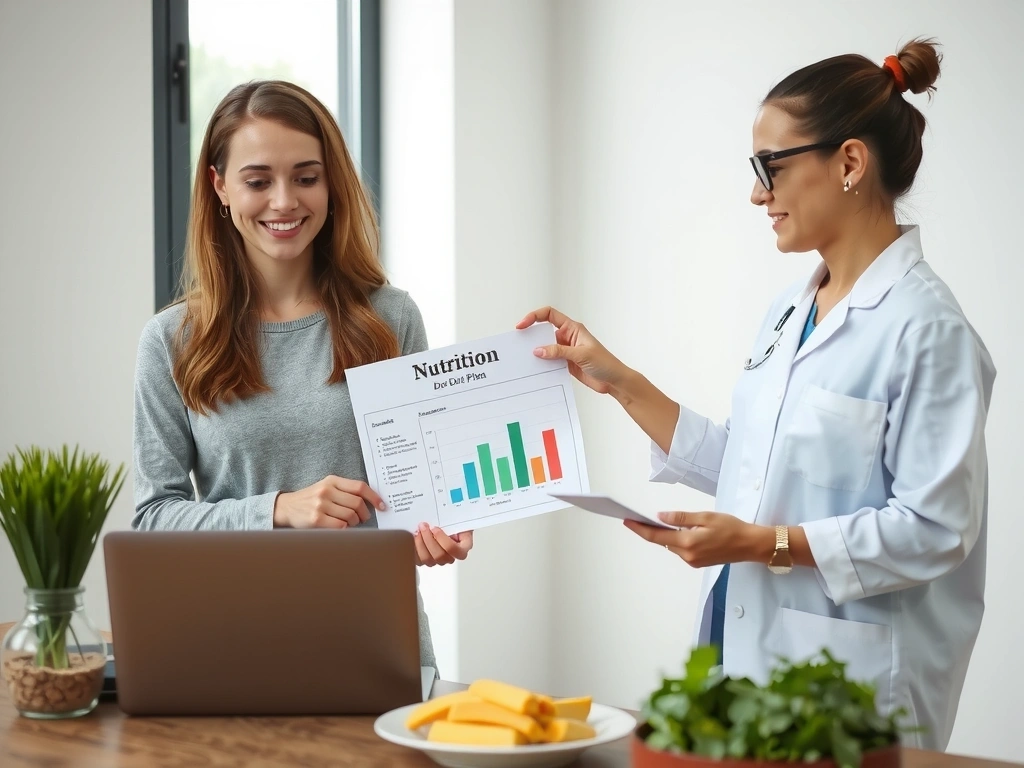 Nutricionista explicando un plan de dieta personalizado a un cliente sonriente en una oficina moderna y luminosa, con un ordenador portátil y alimentos saludables en la mesa.