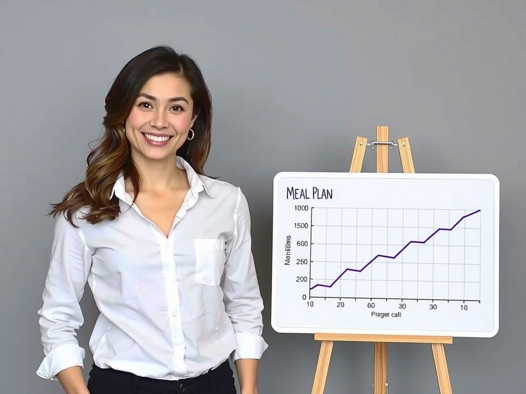 Una nutricionista sonriente de pie junto a una pizarra blanca con un plan de comidas y un gráfico de progreso, mostrando profesionalismo y éxito. No texto.