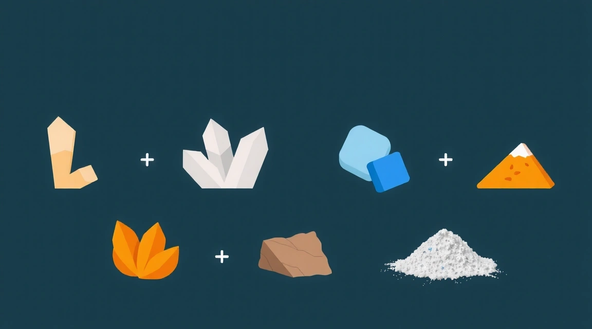 Diferentes tipos de minerales en polvo o cristales, con símbolos químicos, representando minerales clave.