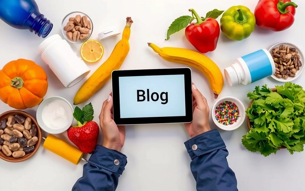 Persona leyendo un blog en una tablet, rodeada de suplementos y alimentos saludables.