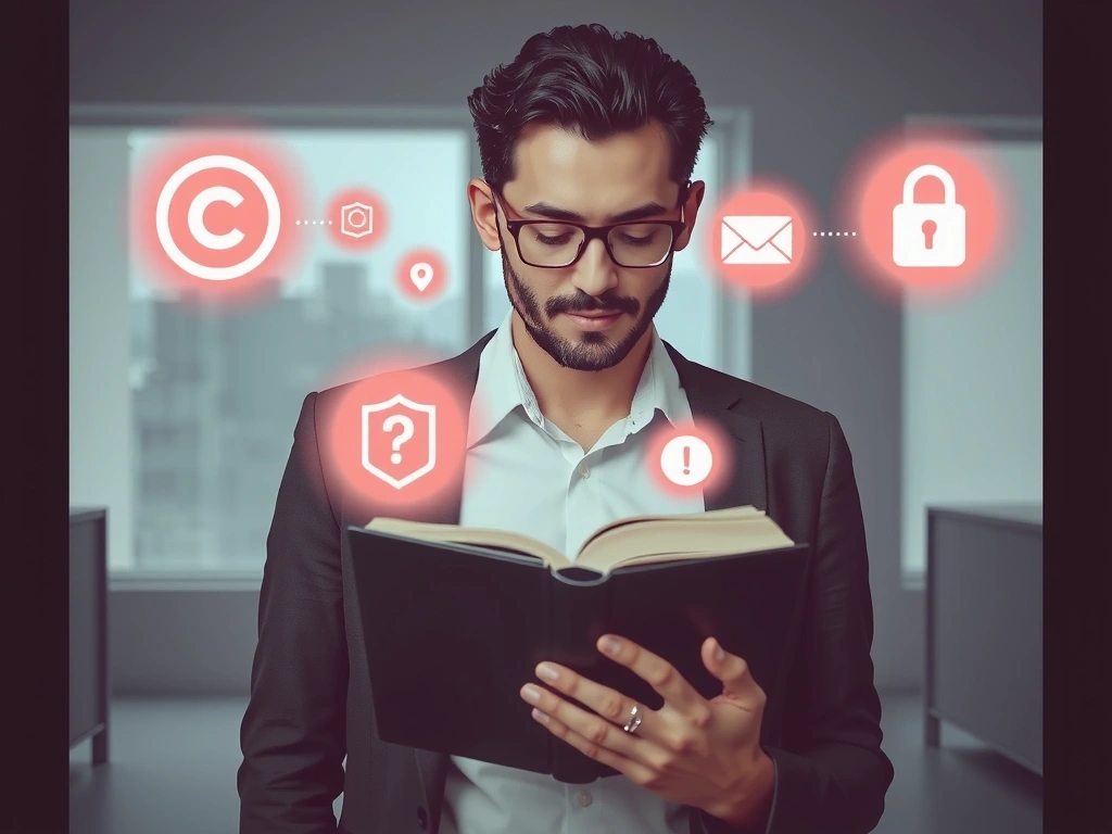 Persona leyendo un libro en una tableta, rodeada de iconos que representan derechos de autor y propiedad intelectual.